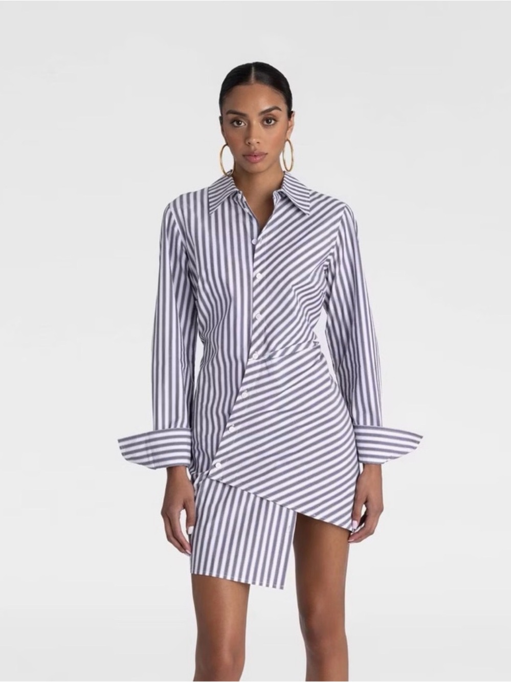 Asymmetric Striped Mini Shirt Dress in White and Navy